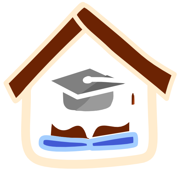 There is a graduation cap sitting above an open book inside a house-shaped frame. The outline of the house is off white, the roof is brown. The book has a blue cover and is lying flat with its pages facing up. The image has light line art.
